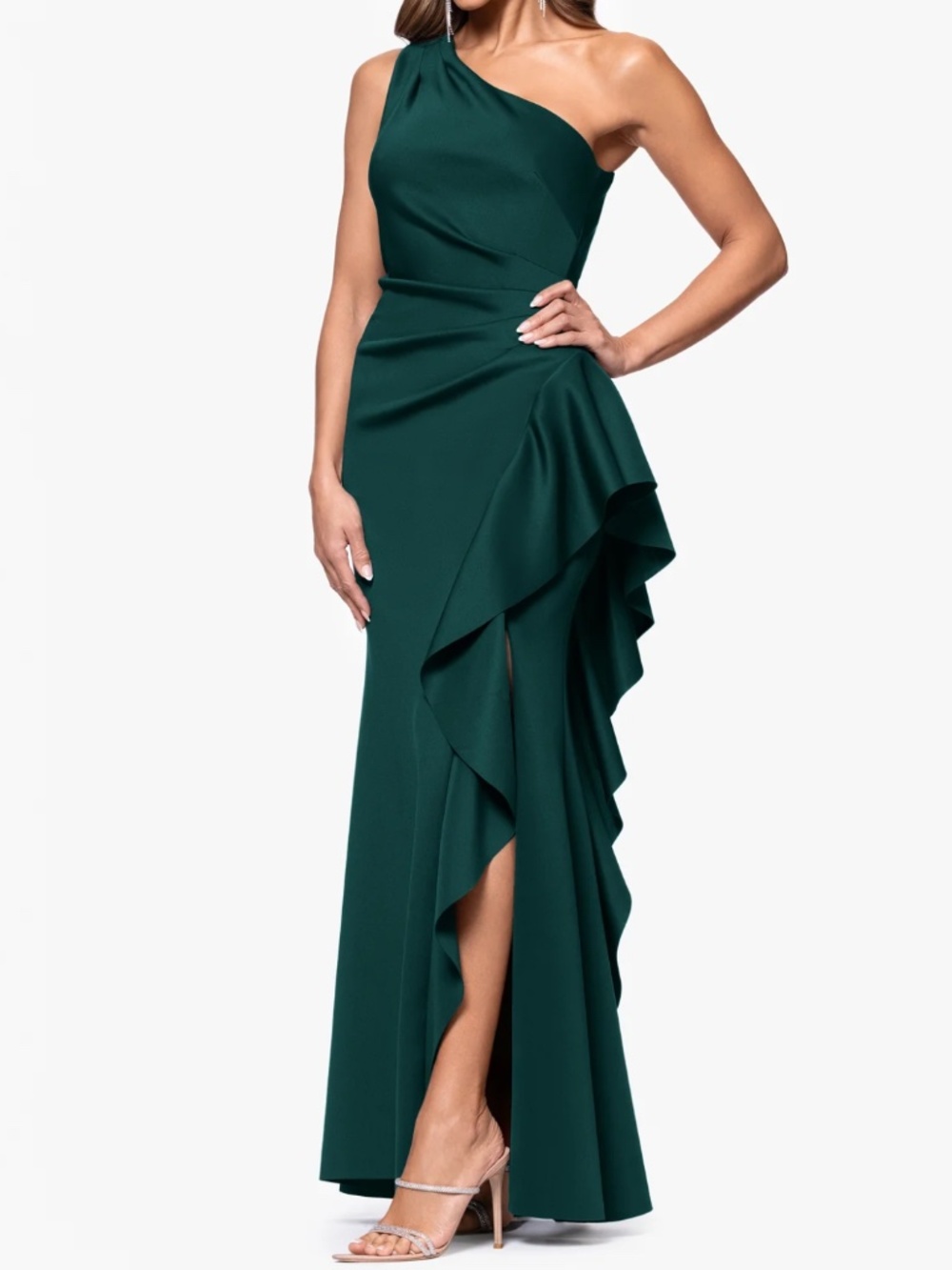 Xscape 16 "FLO" LONG TECHNO SCUBA ONE SHOULDER RUFFLE Maxi DRESS Hanter Green